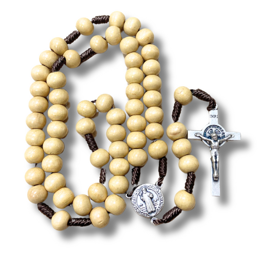 Light Wood Benedict Rosary with Fatima Rosary Pamphlet