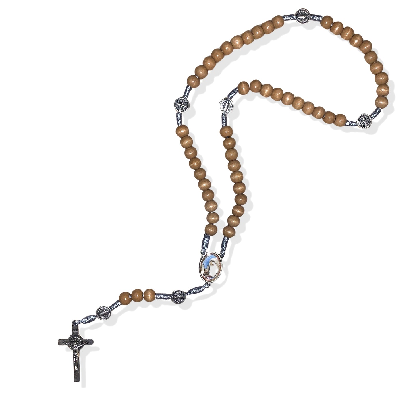 Light Wood Bead with Light Blue String St. Benedict Rosary