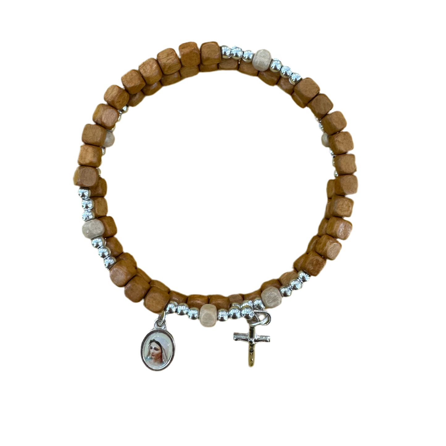 Square Bead Wooden Wrap Rosary Bracelet with Wire Band