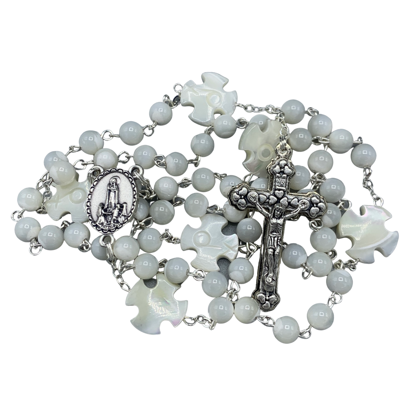 Mother of Pearl Fatima Rosary with Heart Accents