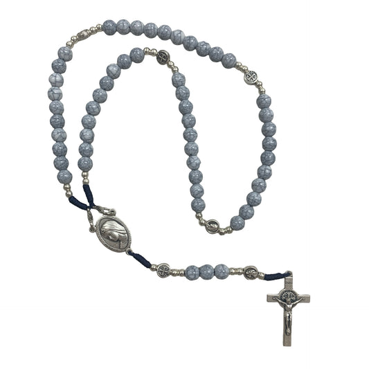 Blue Marble Queen of Peace Rosary with St. Benedict Medal