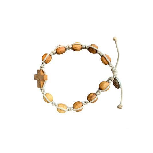 Olive Wood Cross and Bead Decade Rosary Bracelet with Braided Cord