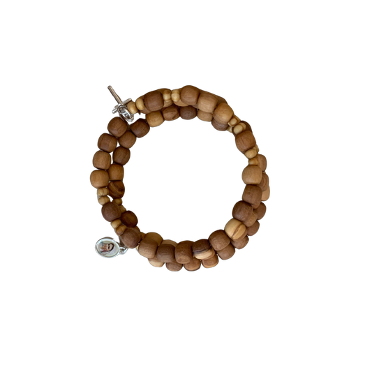 Olive Wood Wrap Queen of Peace Wire Bracelet