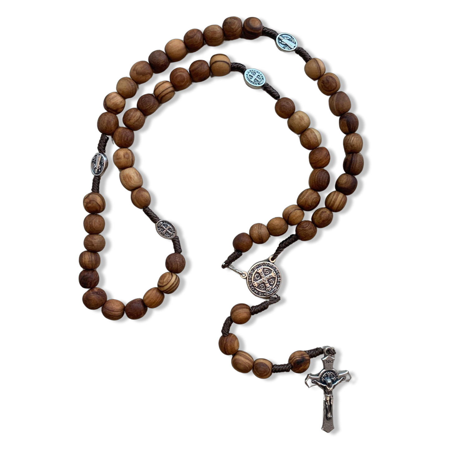 Olive Wood Bead with Brown String St. Benedict Rosary