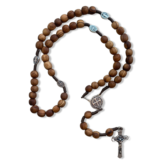 Olive Wood Bead with Brown String St. Benedict Rosary