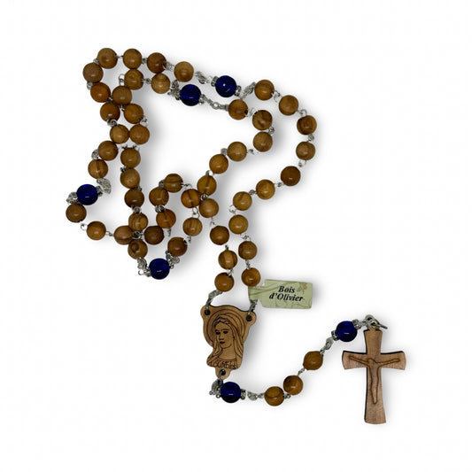 Olive Wood Lourdes Rosary with Blue Our Father Beads