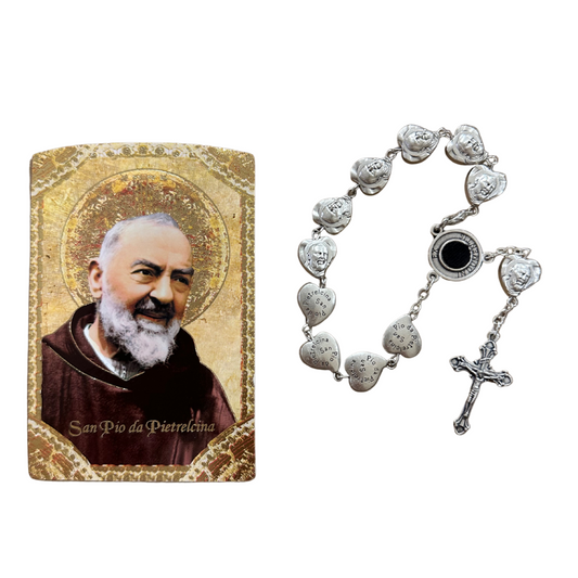Padre Pio Heart Medals Decade Rosary with Relic