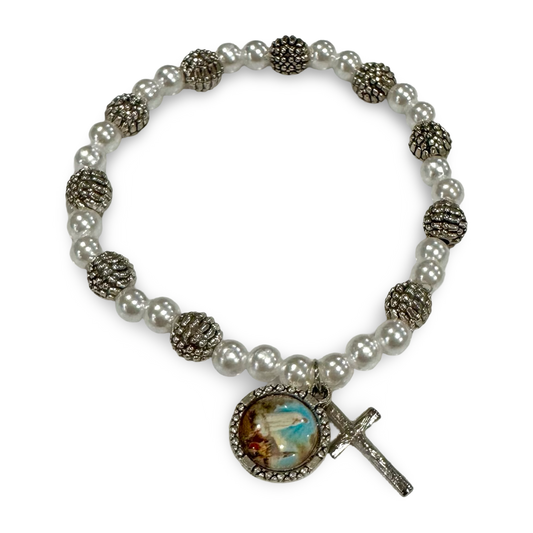 Pearl Fatima Rosary Bracelet with Silver Accents
