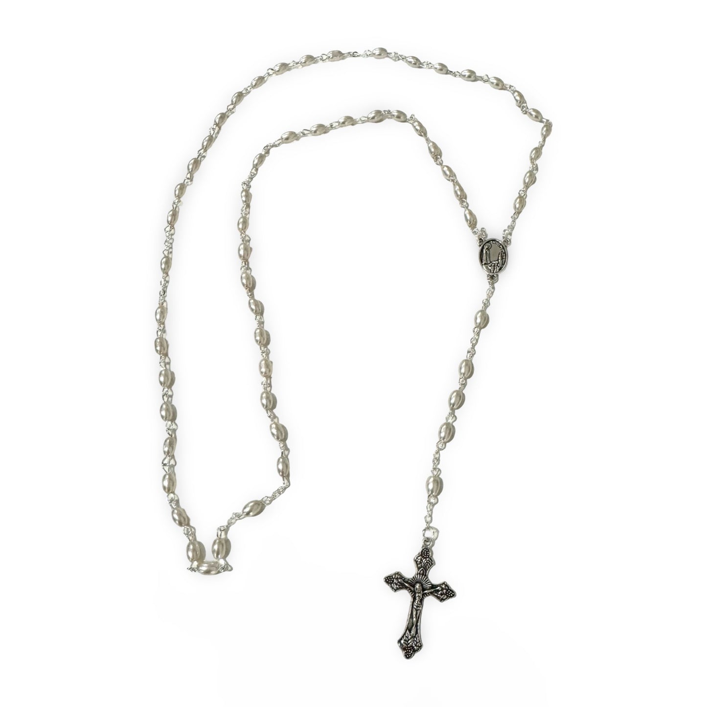 Pearl Fatima Rosary with Soil in Case