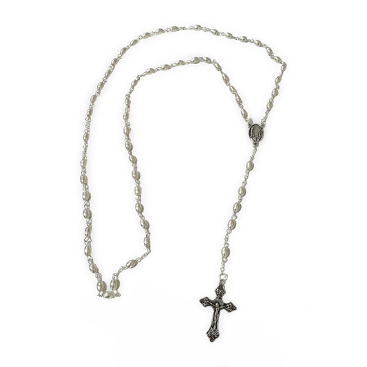 Pearl Fatima Rosary with Soil in Case