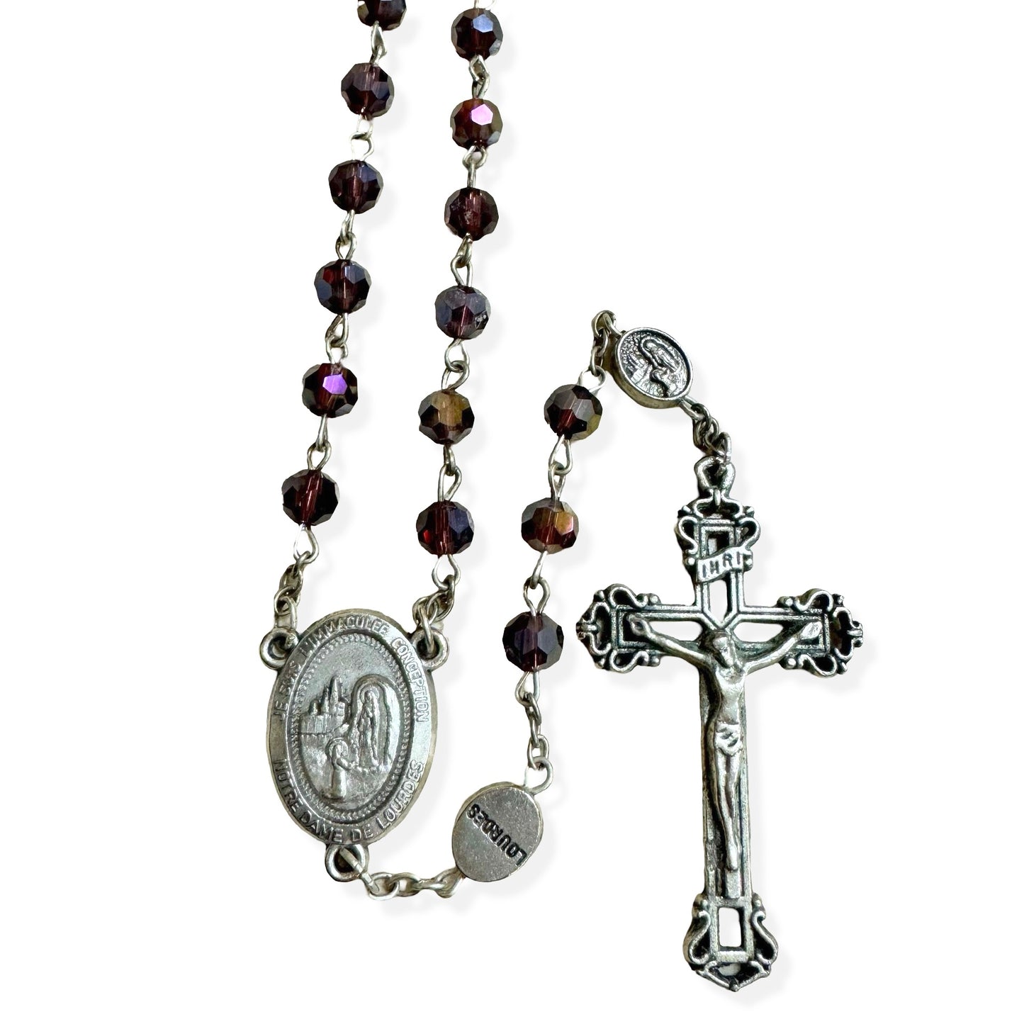 Crystal Lourdes Rosary with Ornate Crucifix