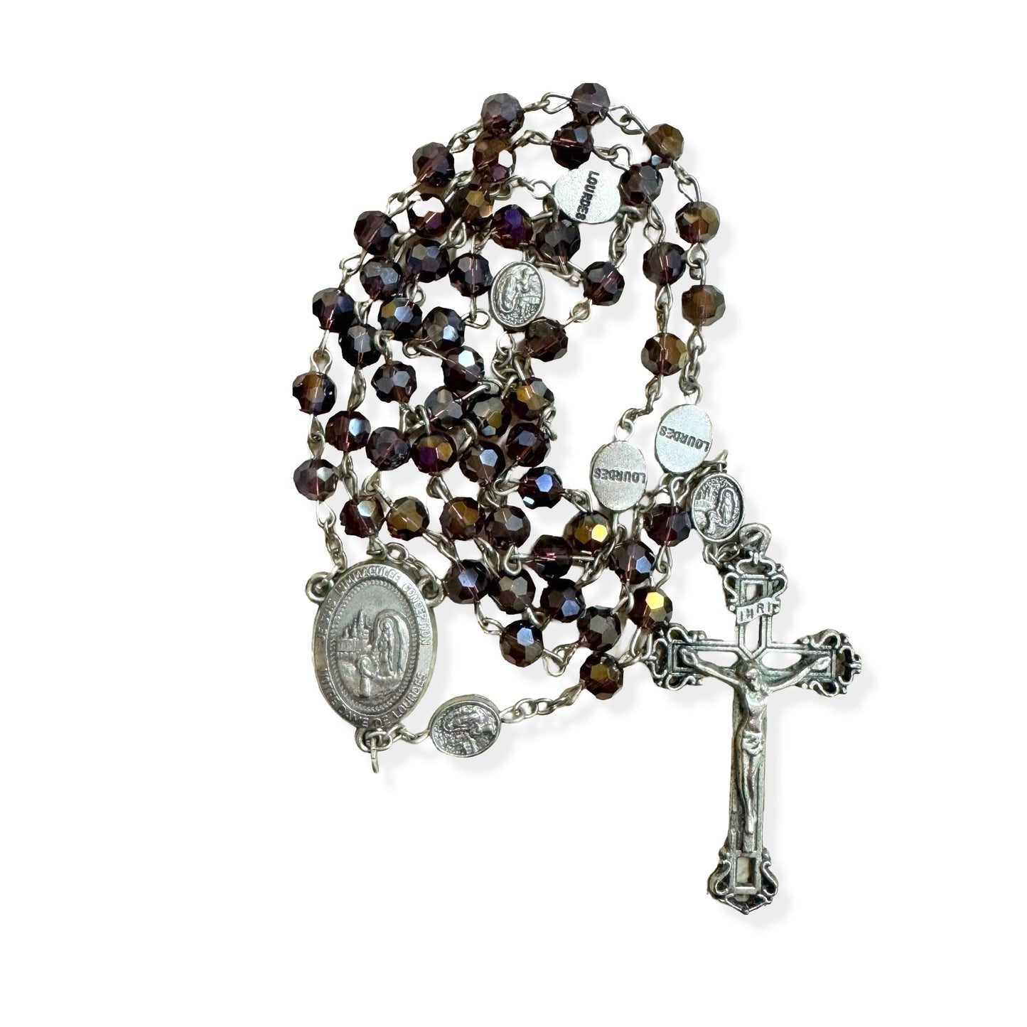 Crystal Lourdes Rosary with Ornate Crucifix