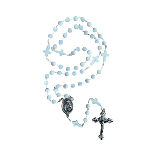 Round Mother of Pearl Fatima Rosary with Cross Accent Beads