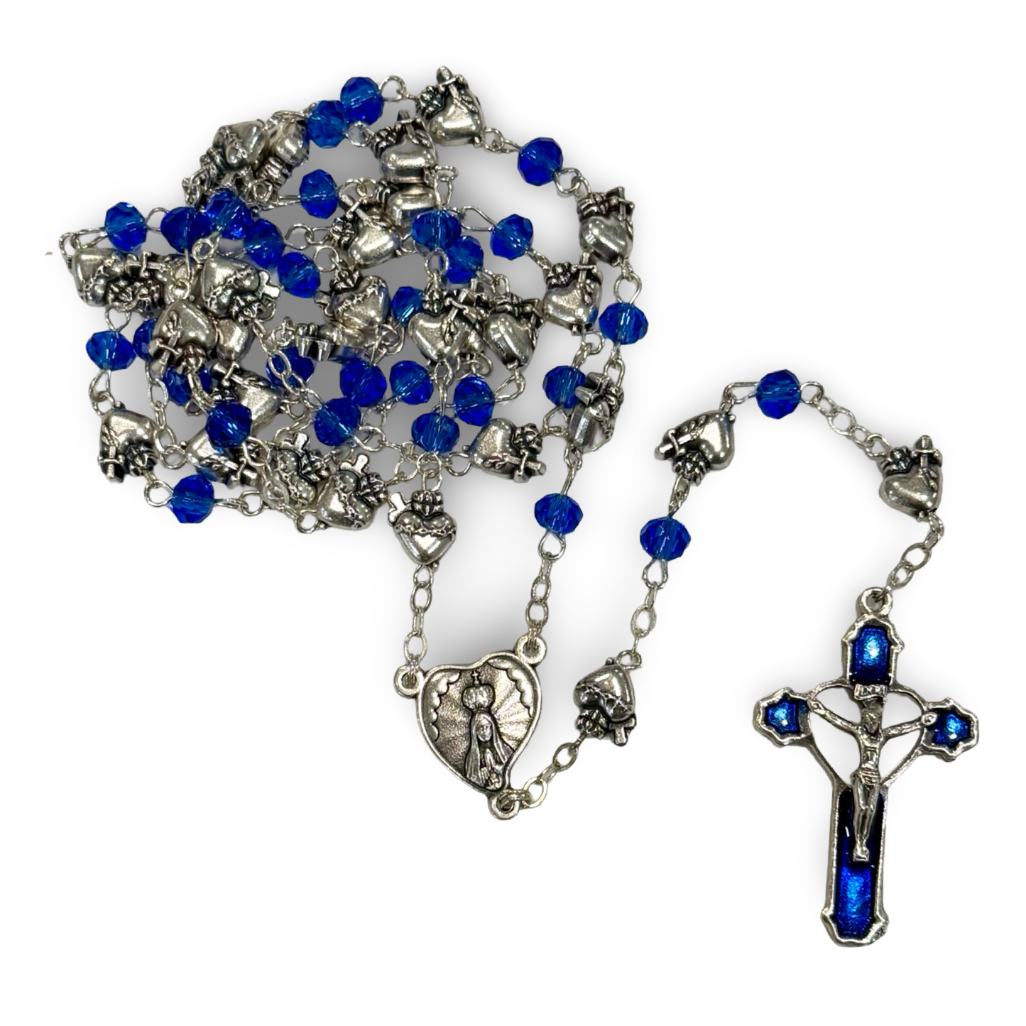Crystal and Silver Pierced Hearts Fatima Rosary