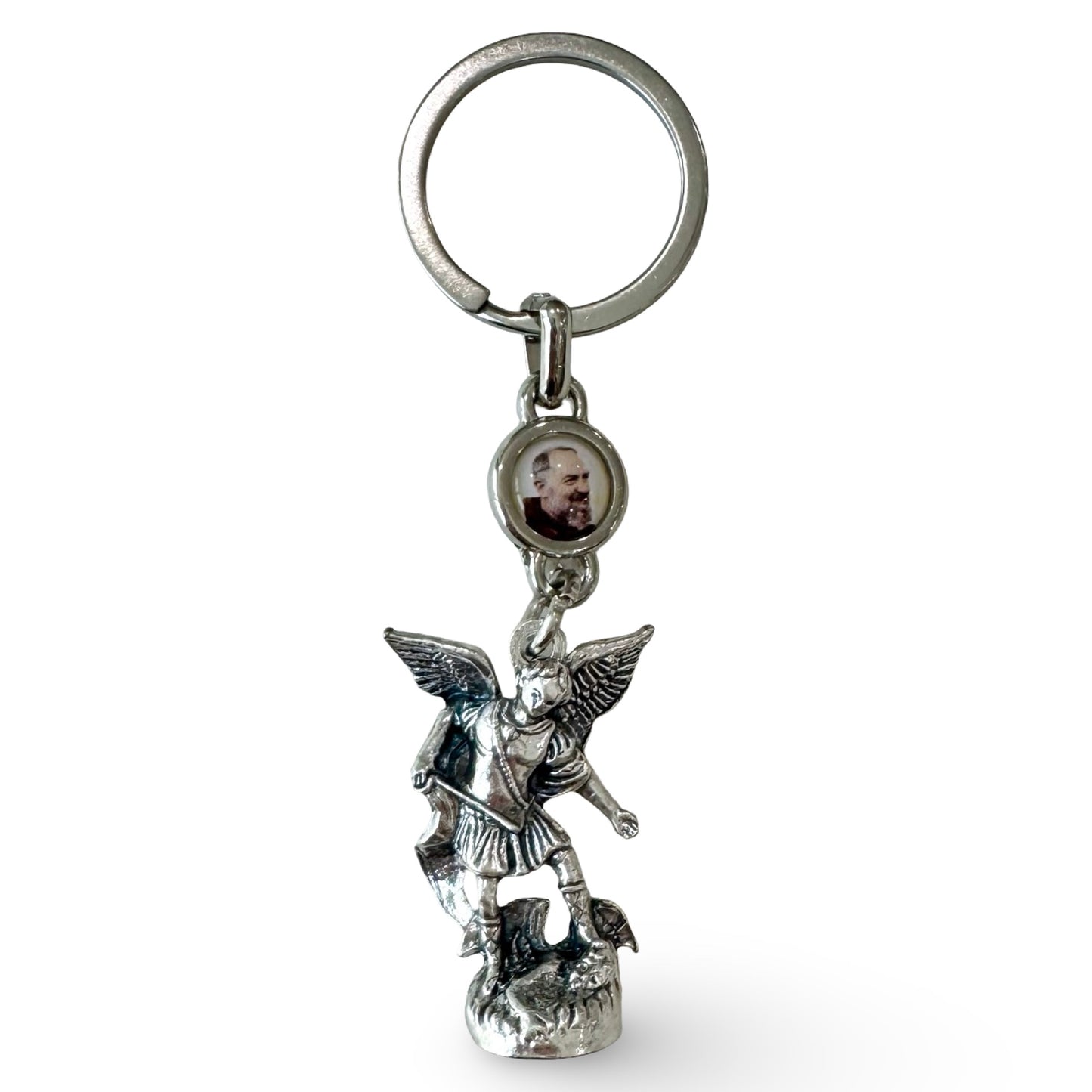 St. Michael Statue Keychain with Padre Pio Medal