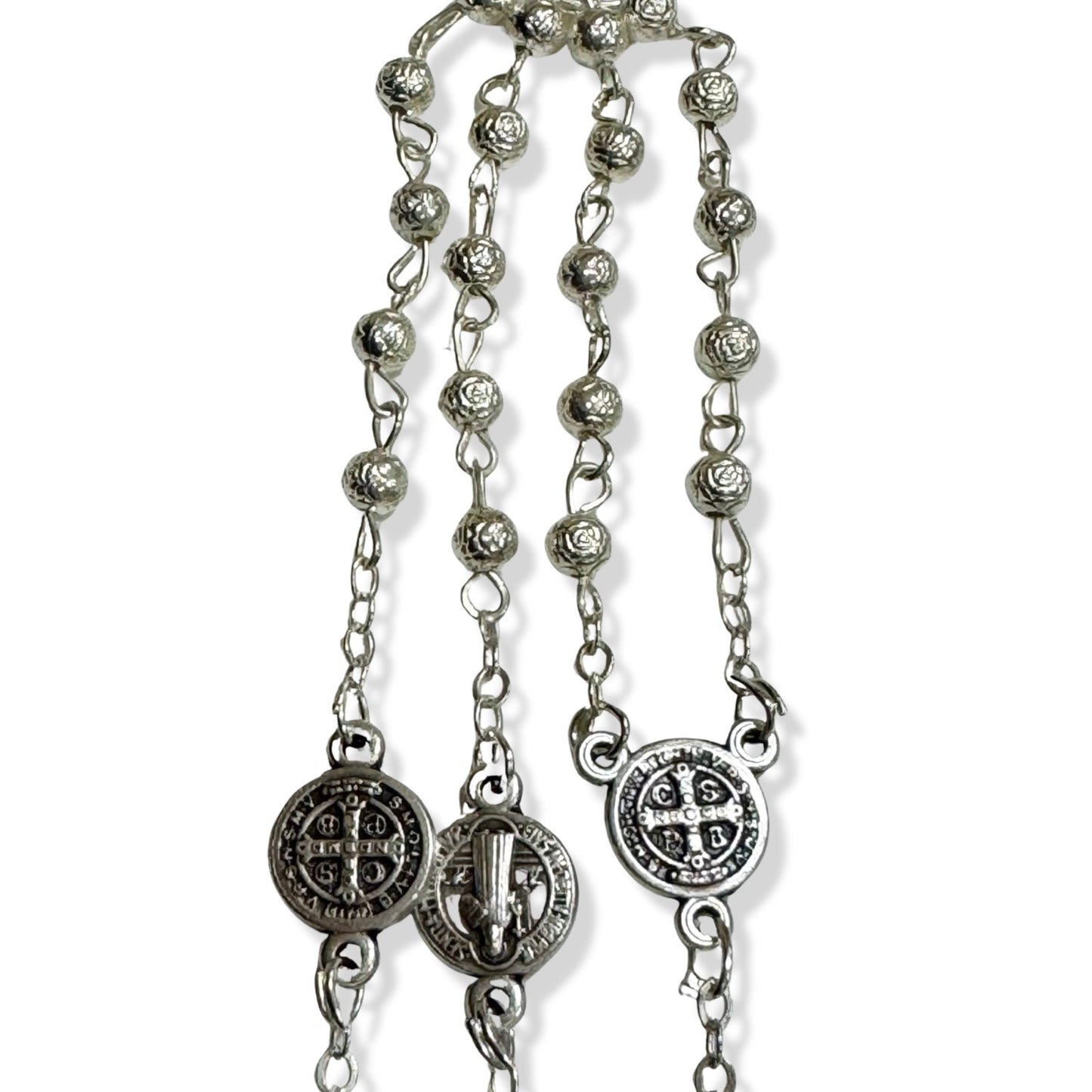 Silver Rose Benedict Rosary with Case