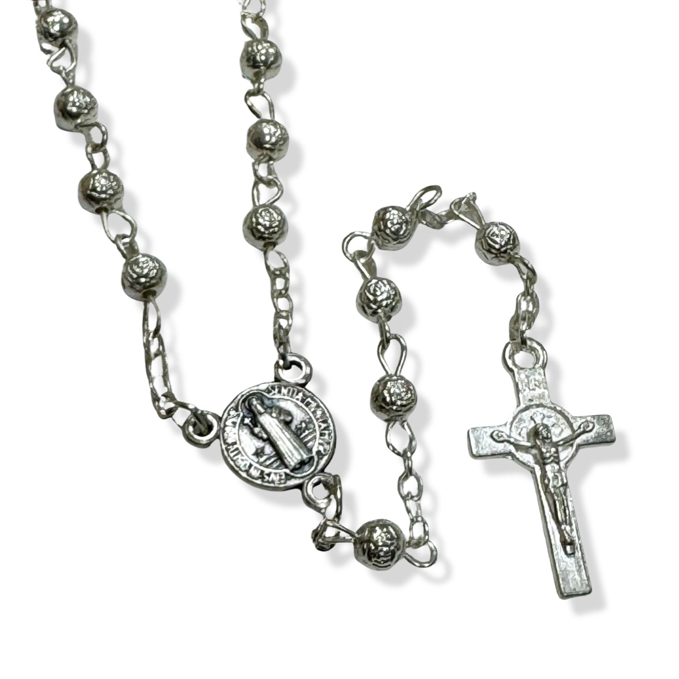 Silver Rose Benedict Rosary with Case