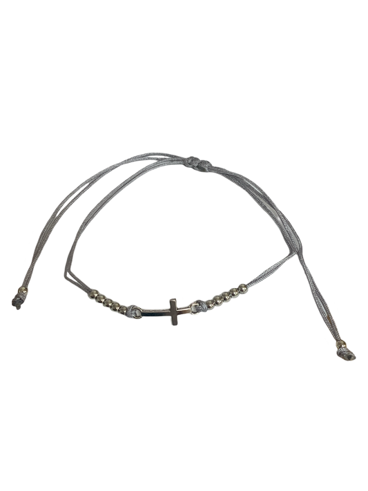 Adjustable Silver Cross with Beads Bracelet
