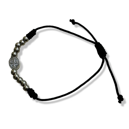 Simple Cord Bracelet with St. Benedict Medal and Silver Beads
