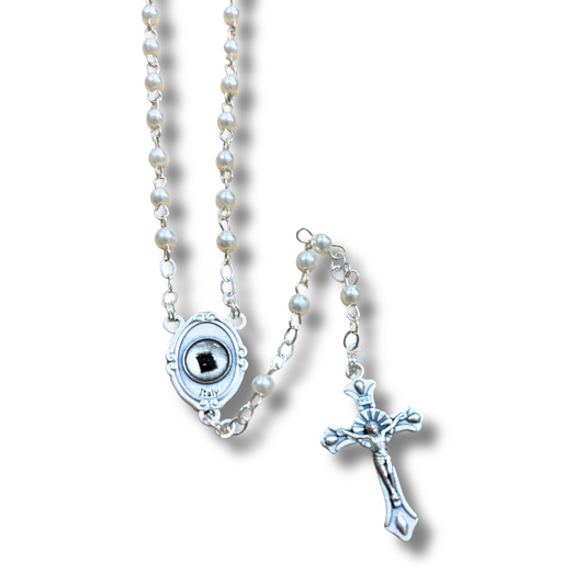 Small Pearl Beaded Padre Pio Rosary with Relic