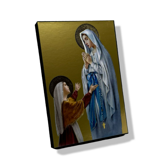 Small Gold Our Lady of Lourdes Image with St. Bernadette
