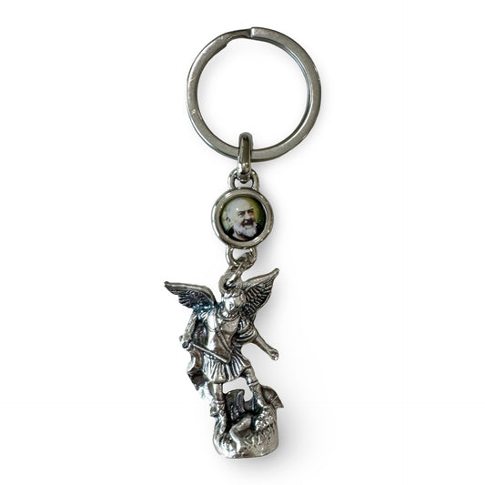 St. Michael Statue Keychain with Padre Pio Medal