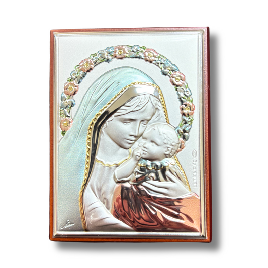 Square Colored Silver Image of Our Lady Holding the Child Jesus