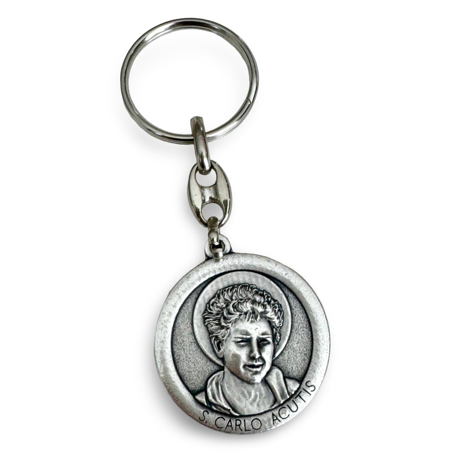 St. Carlo Acutis Engraved Silver Keychain