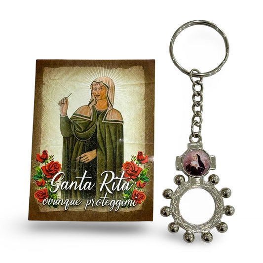 St. Rita Ring Rosary Keychain with Holy Card
