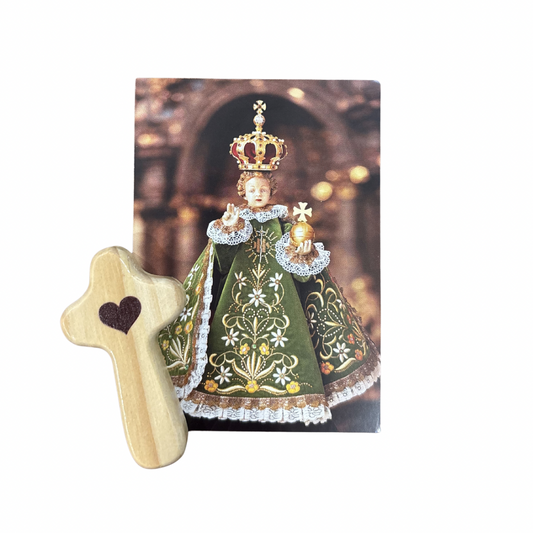 Wooden Heart Cross with Infant Jesus of Prague Holy Card