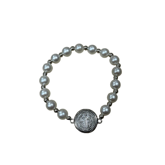 Pearl and Silver Beaded Bracelet with St. Benedict Medal