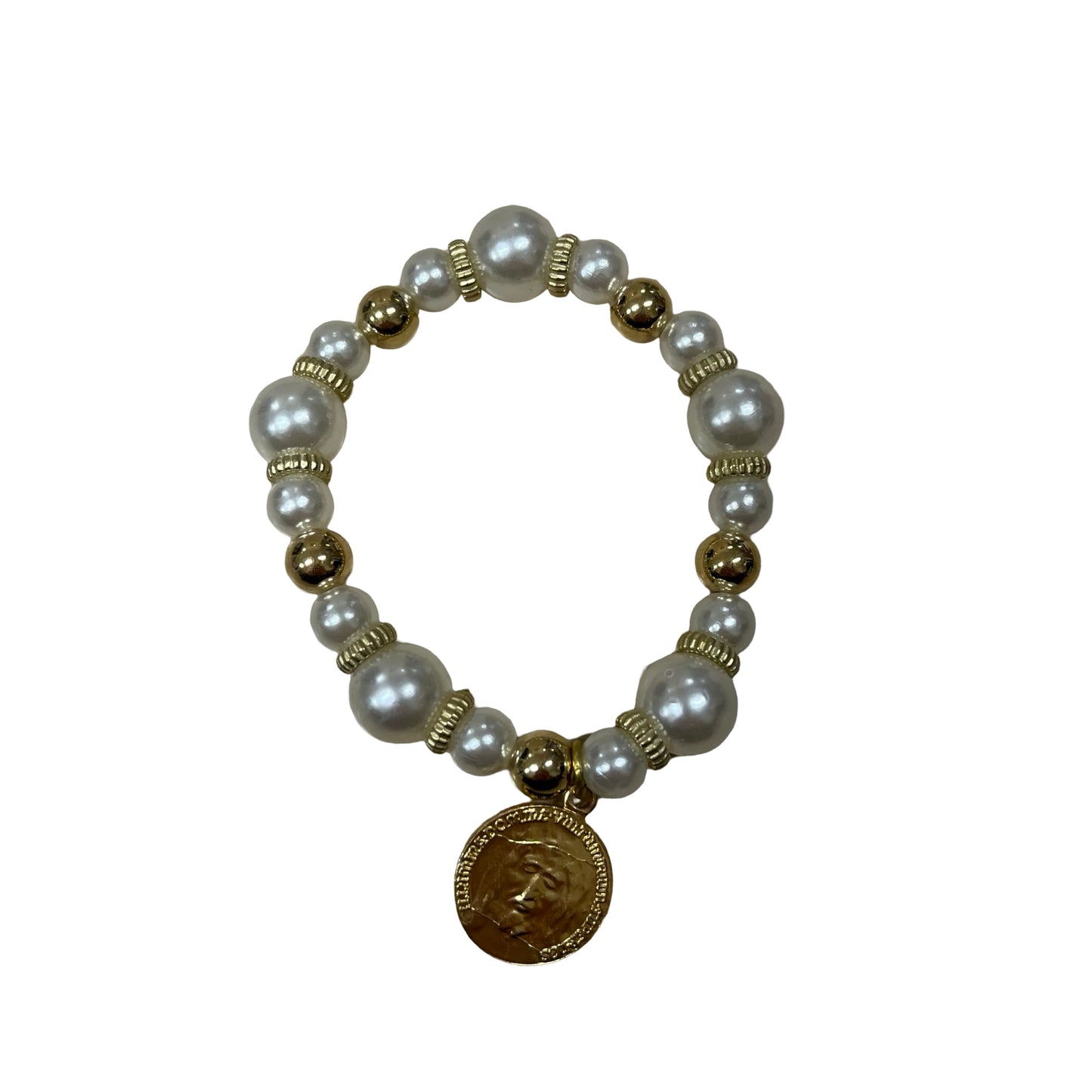 Pearl and Gold Beaded Bracelet with the Face of Jesus