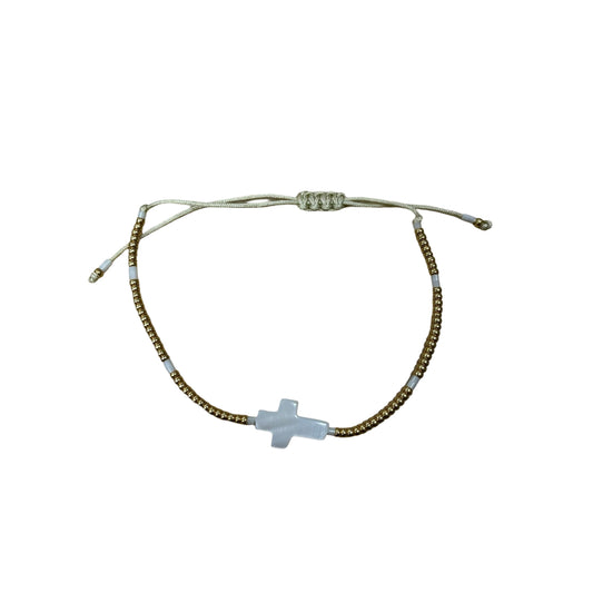 Small Golden Beads with Mother of Pearl Cross Bracelet