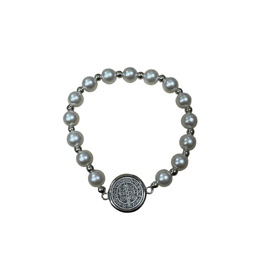 Pearl and Silver Beaded Bracelet with St. Benedict Medal