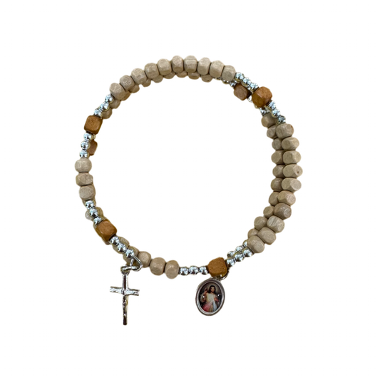 Square Bead Wooden Wrap Rosary Bracelet with Wire Band