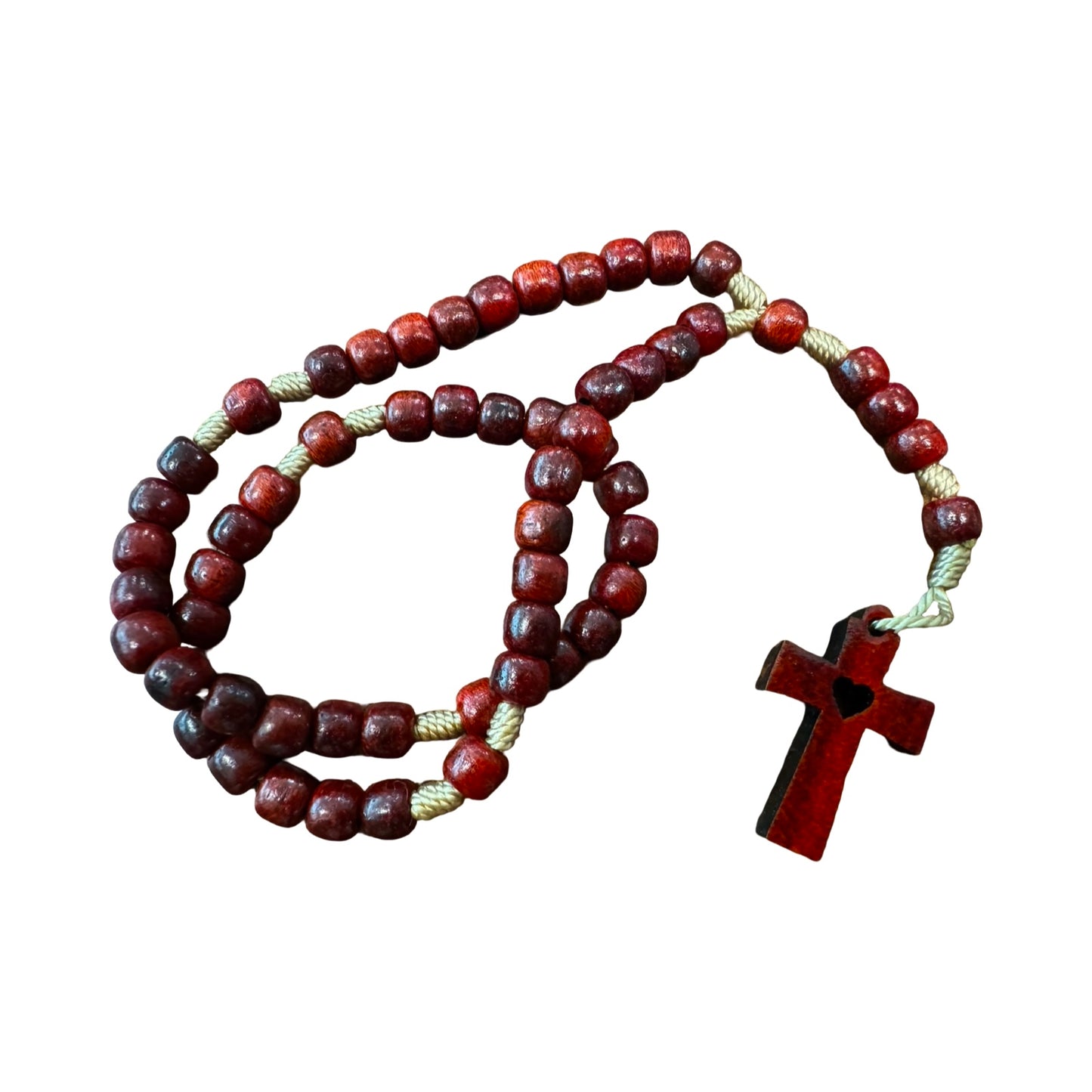 Tiny Wooden Cord Rosary with Cross Heart