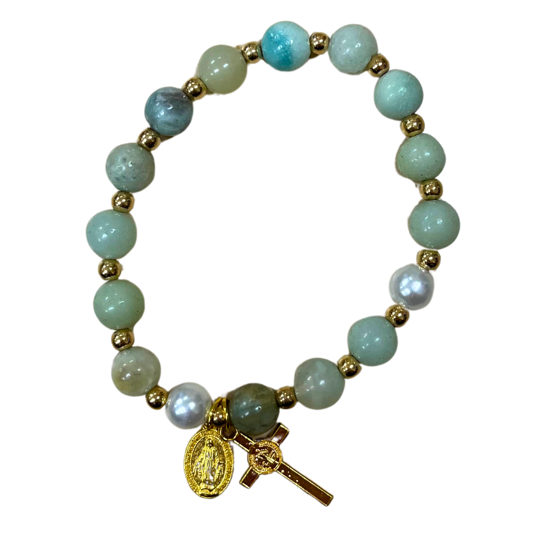 Gold and Beaded Bracelet with Crucifix and Miraculous Medal