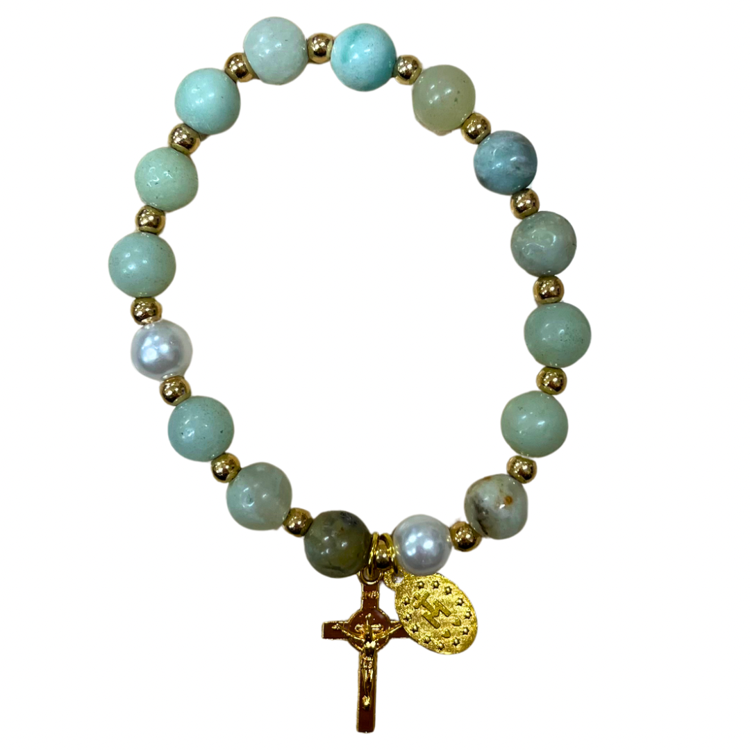 Gold and Beaded Bracelet with Crucifix and Miraculous Medal