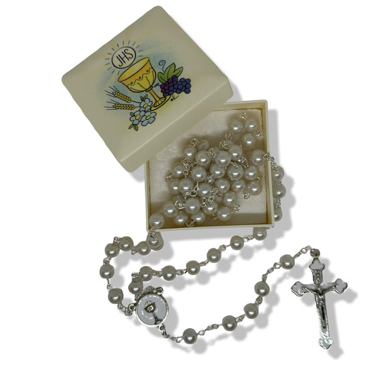 White Pearl First Communion Rosary in Eucharist Case