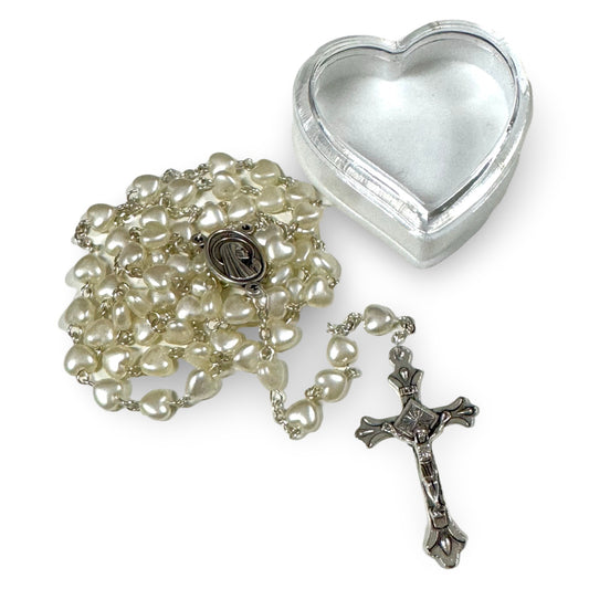 White Pearl Lourdes Rosary with Heart-Shaped Beads in Heart Shaped Case