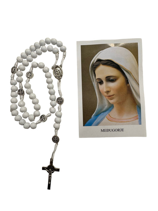 White Wood Our Lady Queen of Peace Rosary with St. Benedict Medals and Soil