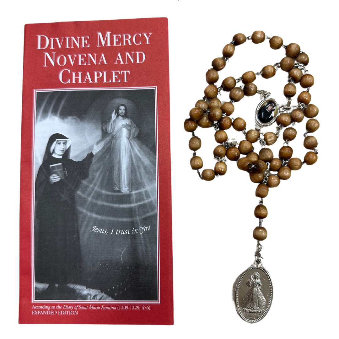 Wood St. Faustina Rosary with Relic and Medal
