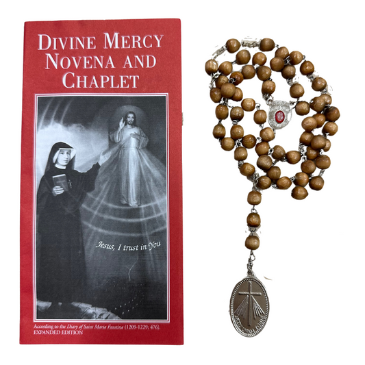 Wood St. Faustina Rosary with Relic and Medal