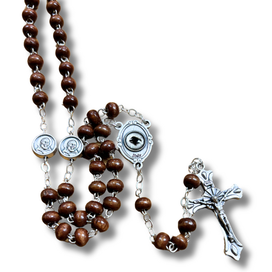 Wooden Bead Padre Pio Rosary with Relic