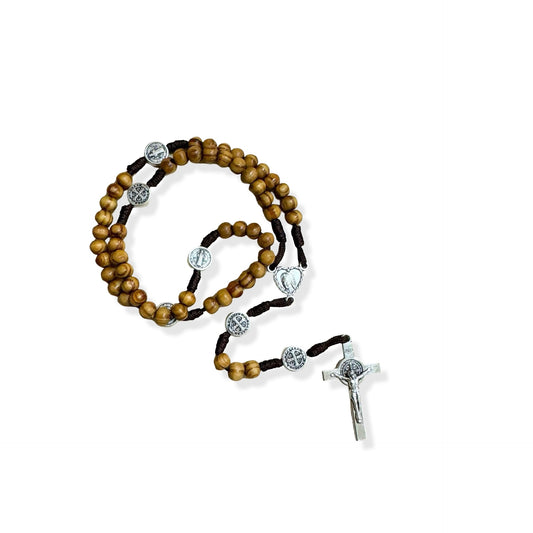Wooden Rosary with St. Benedict Medals and Prayer Pamphlet