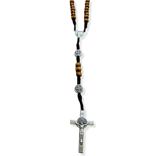 Wooden Rosary with St. Benedict Medals and Prayer Pamphlet