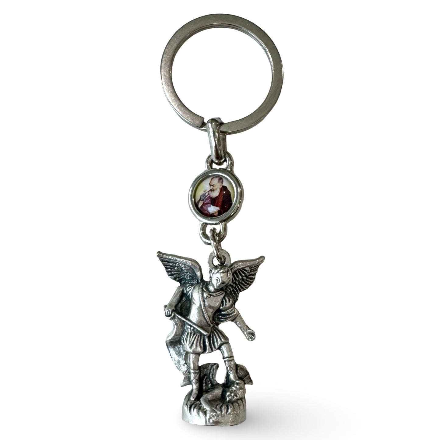 St. Michael Statue Keychain with Padre Pio Medal