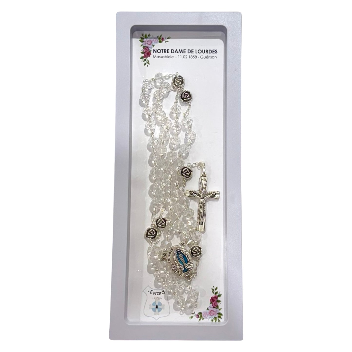 Crystal and Rose Lourdes Rosary with Lourdes Water Centerpiece in Case