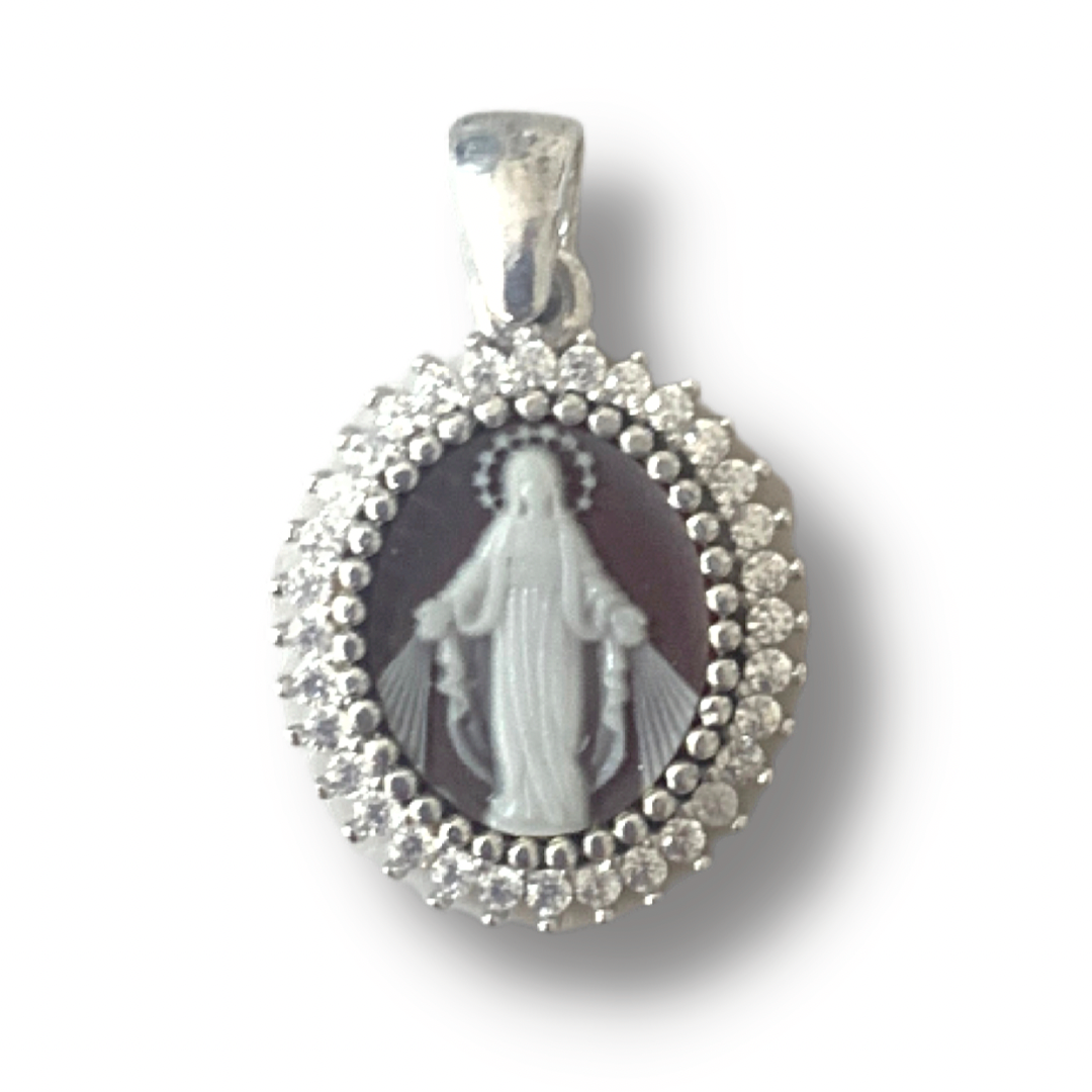 Miraculous Medal Cameo Medal with Ornate Diamond Border