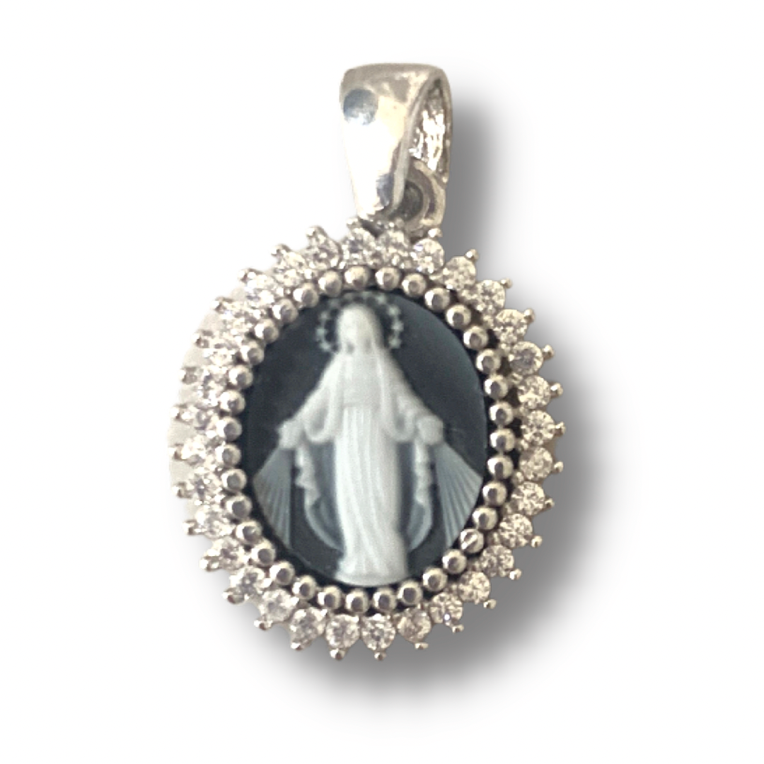 Miraculous Medal Cameo Medal with Ornate Diamond Border